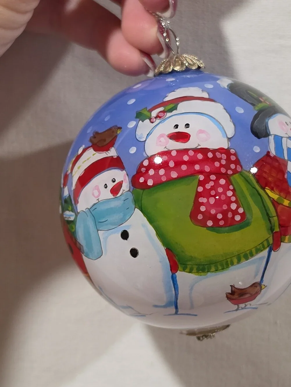 2010 Pier One Li Bien Hand Painted Glass Snowman Christmas Ornament w Box
